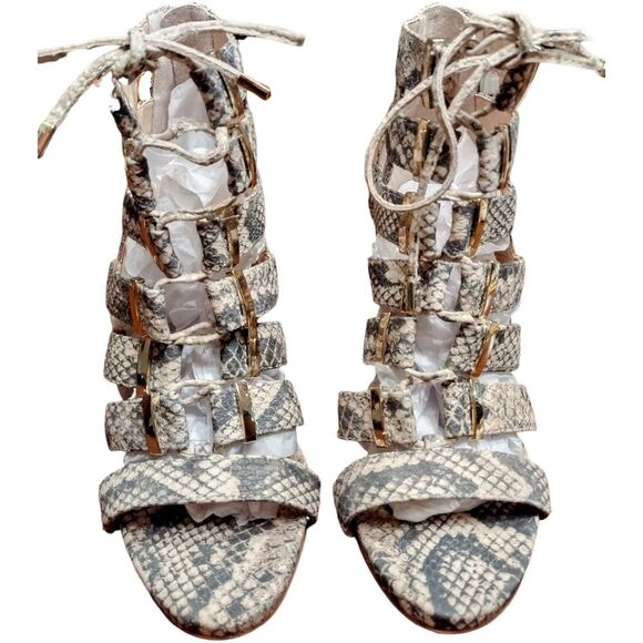 Vince Camuto Snakeskin Print Gladiator Heels With Zipper, 6.5M, Black/White/Tan - Picture 2 of 12